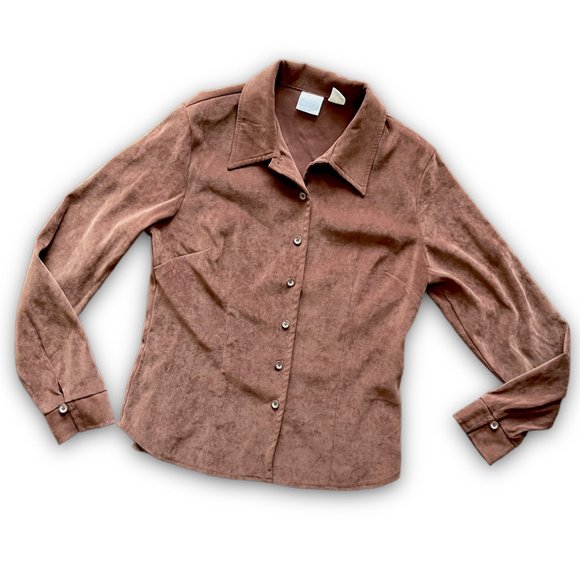 Vintage Studio C Brown Faux Suede Button Down Top - Picture 2 of 6